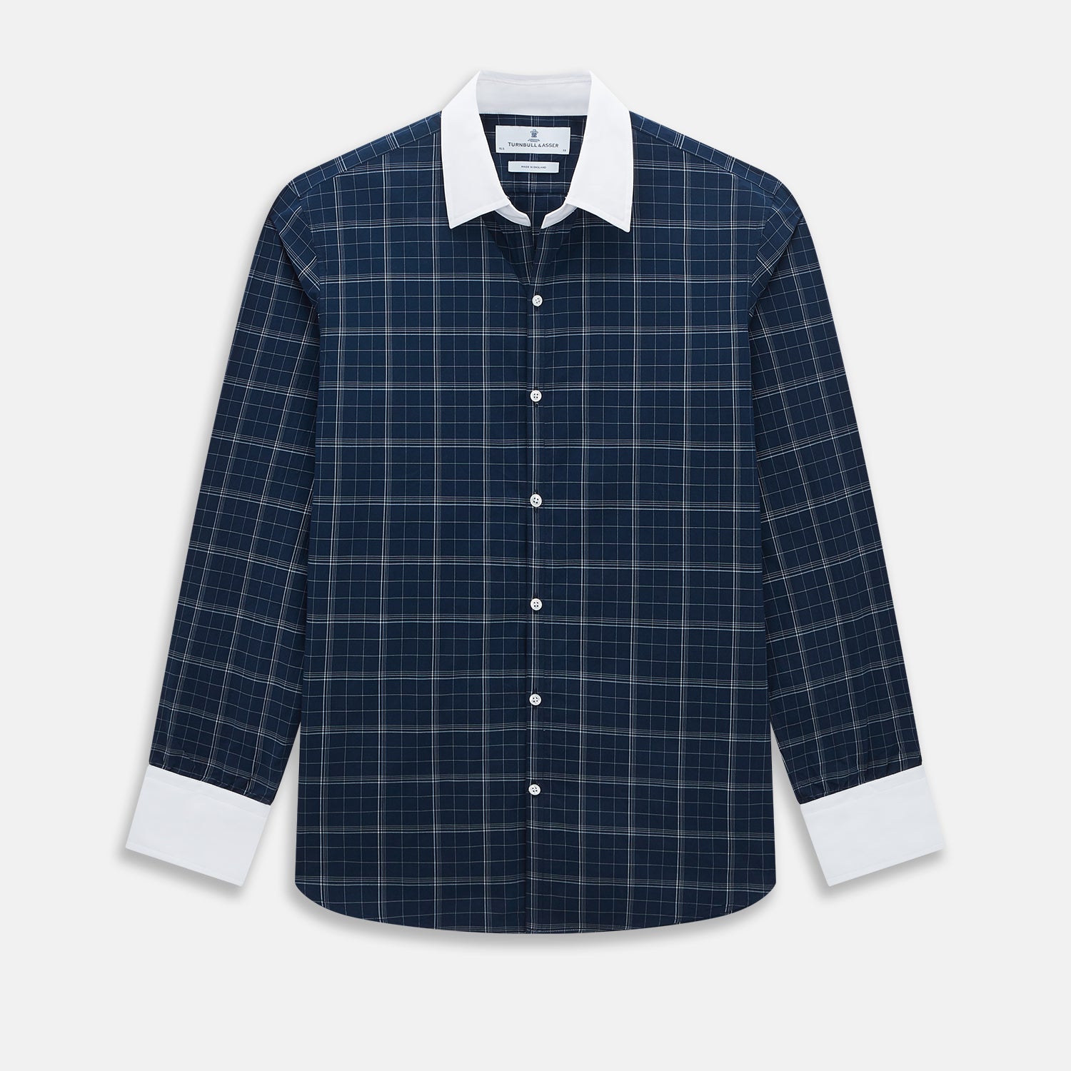 View 1 of product The Turnbull & Asser Indigo Windowpane Check Windsor Shirt features a contrast T&A collar and cuffs, highlighting British craftsmanship. It is displayed flat on a white background.