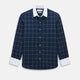 The Turnbull & Asser Indigo Windowpane Check Windsor Shirt features a contrast T&A collar and cuffs, highlighting British craftsmanship. It is displayed flat on a white background.