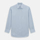 The Turnbull & Asser Blue Micro Shadow Check Mayfair Shirt features a long-sleeve, button-up design with a small blue and white check pattern, pointed T&A collar, and classic cuffs.
