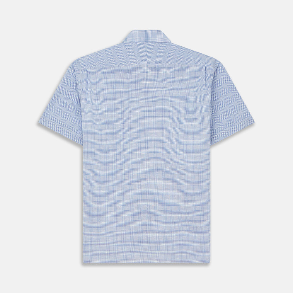The Turnbull & Asser Pale Blue Multi Check Cotton Weekend Fit Williams Shirt features short sleeves, a pointed collar, single chest pocket, and premium Italian cotton with a subtle checkered pattern, shown on a white background.