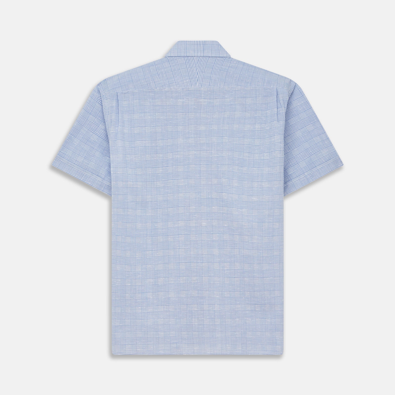 View 4 of product The Turnbull & Asser Pale Blue Multi Check Cotton Weekend Fit Williams Shirt features short sleeves, a pointed collar, single chest pocket, and premium Italian cotton with a subtle checkered pattern, shown on a white background.
