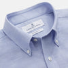 View 2 of product The Turnbull & Asser Pale Blue Weekend Fit Hayne Shirt features a Dorset collar, white buttons, and 1-button cuffs. This casual, long-sleeve button-down is displayed laid flat on a white background.