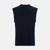 View 3 of product The Turnbull & Asser Navy Cashmere V-neck Sleeveless Cardigan features a button-up closure and two front pockets, ideal for elegant, gentleman-inspired looks, shown on a plain white background.