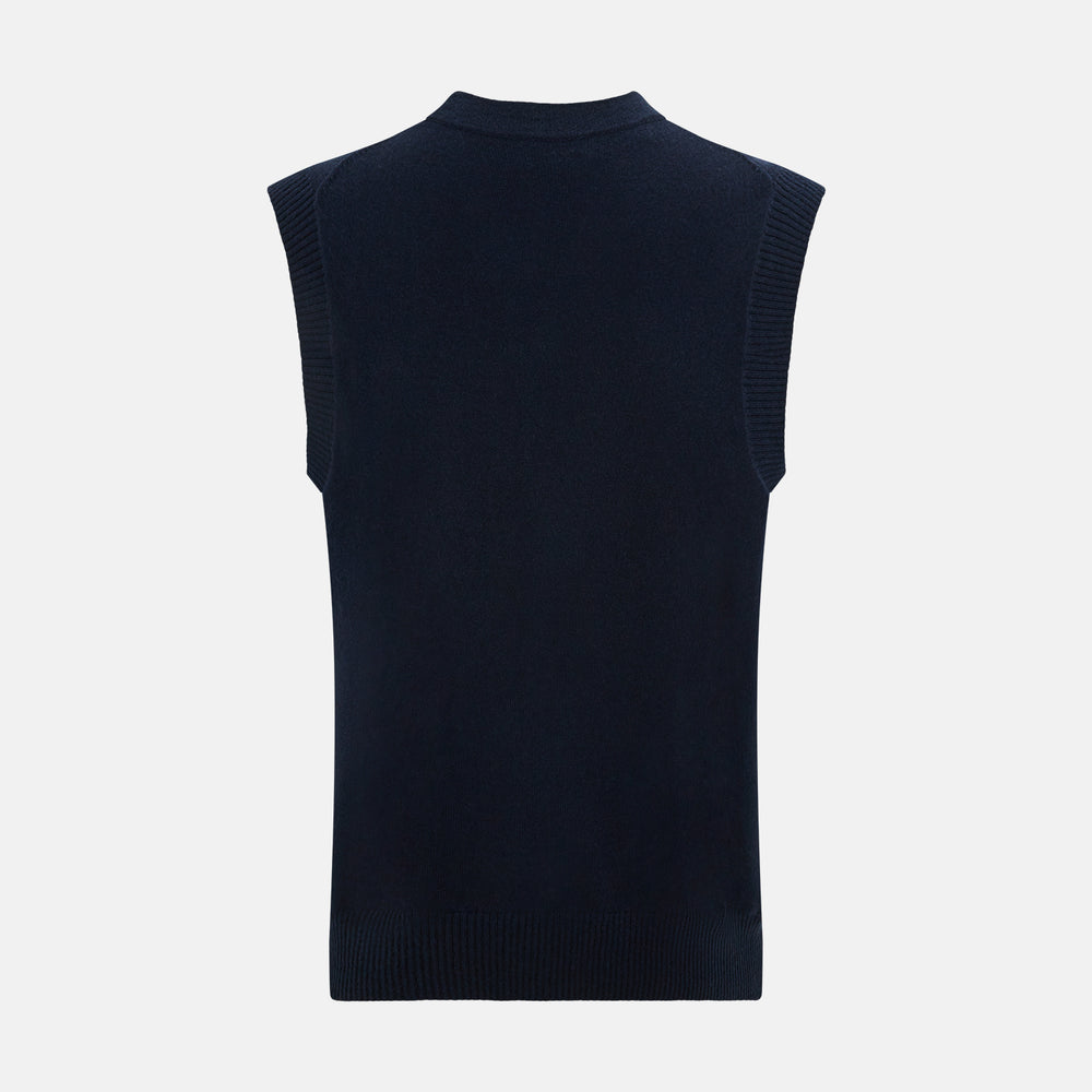 The Turnbull & Asser Navy Cashmere V-neck Sleeveless Cardigan features a button-up closure and two front pockets, ideal for elegant, gentleman-inspired looks, shown on a plain white background.