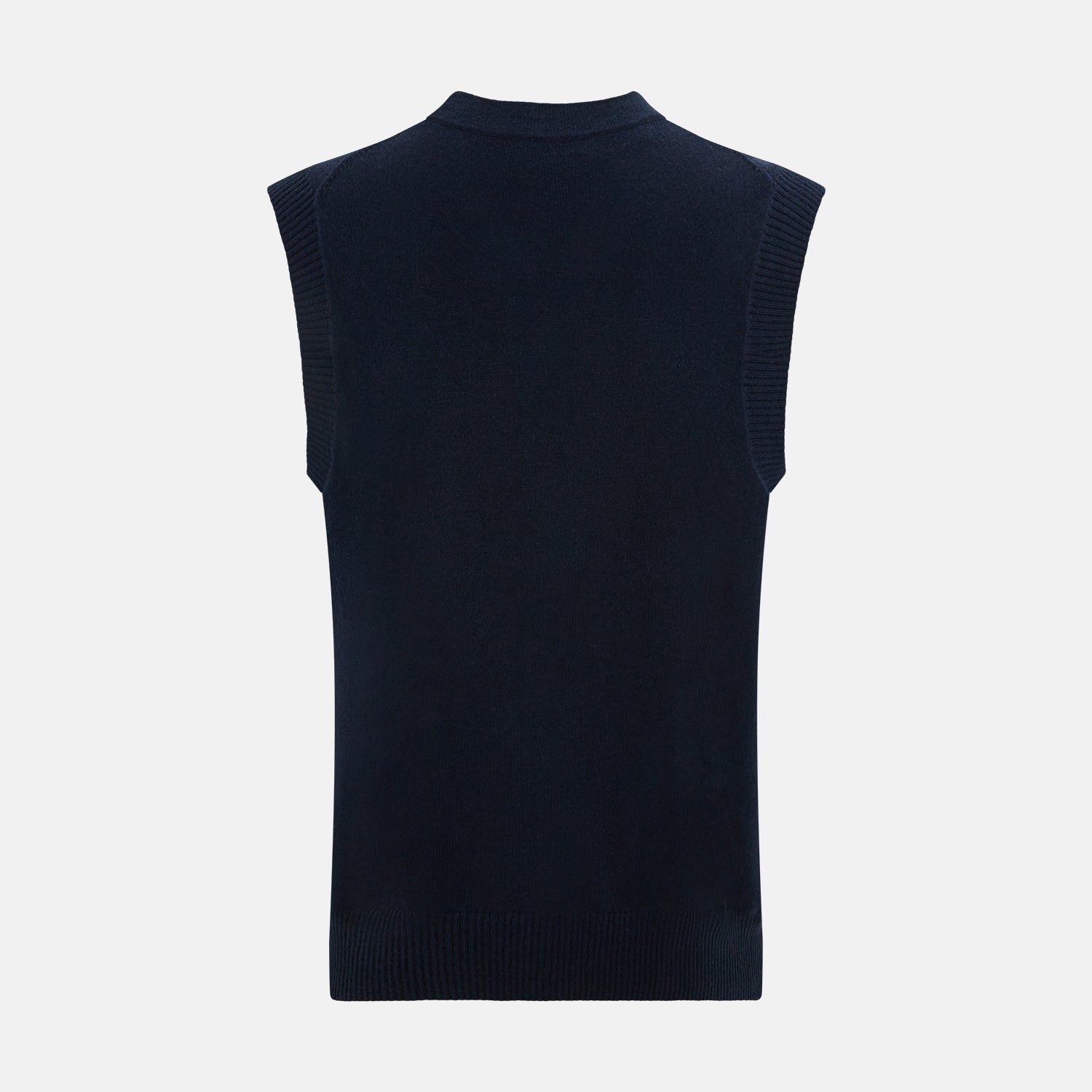 View 3 of product The Turnbull & Asser Navy Cashmere V-neck Sleeveless Cardigan features a button-up closure and two front pockets, ideal for elegant, gentleman-inspired looks, shown on a plain white background.