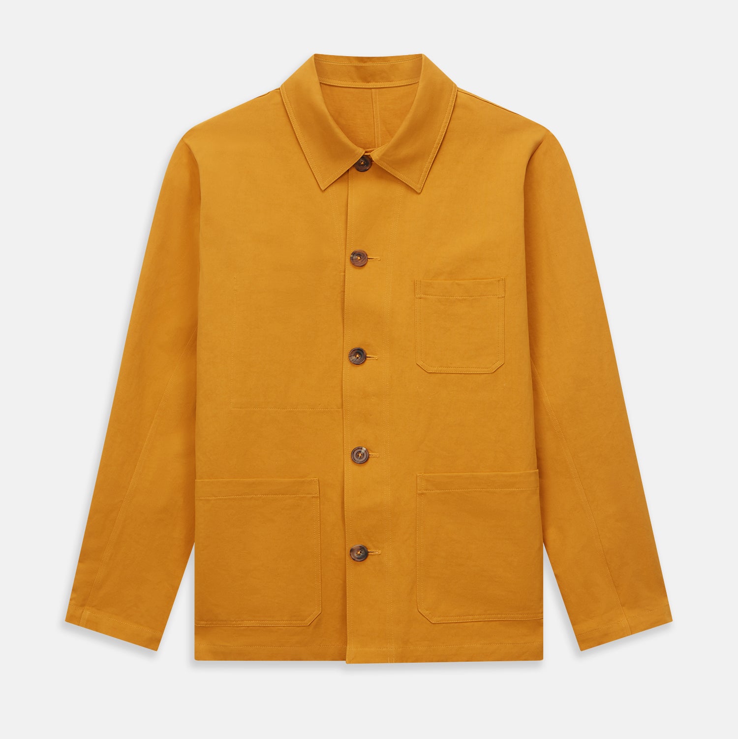 View 1 of product The Turnbull & Asser Ochre Cotton-Linen Remy Chore Jacket features a collar, long sleeves, brown front buttons, and three patch pockets, shown on a plain white background.