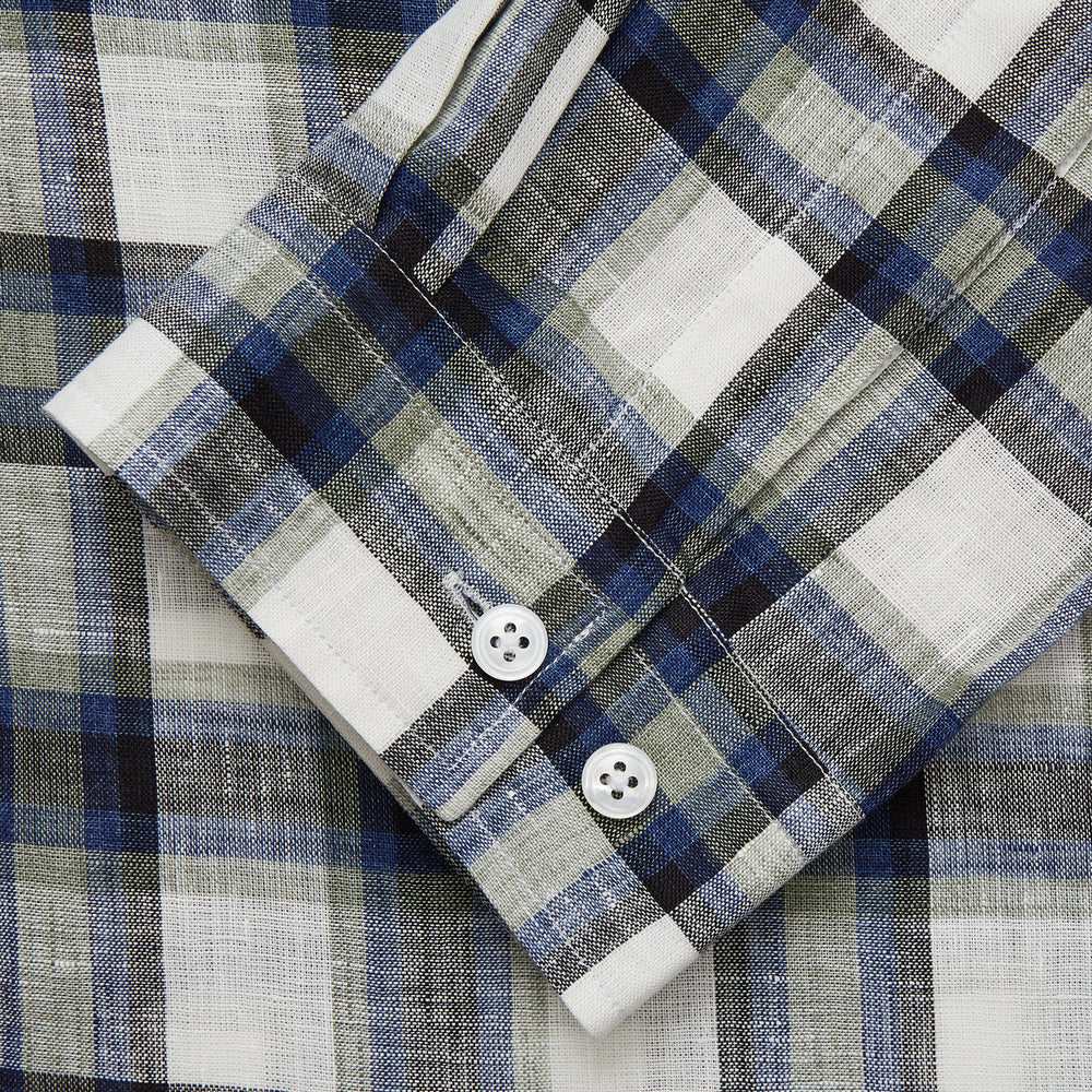 A Green Multi Check Linen Holiday Fit Winnington Shirt by Turnbull & Asser, featuring a check pattern and revere collar, displayed flat on a white background.