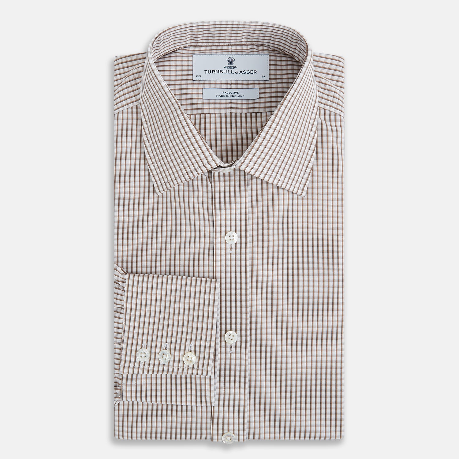 View 5 of product The Coffee Micro Shadow Check Mayfair Shirt by Turnbull & Asser is a long-sleeved, button-up shirt made from fine Italian cotton with a small brown and white check pattern, classic collar, and buttoned cuffs—an essential for any man’s wardrobe.