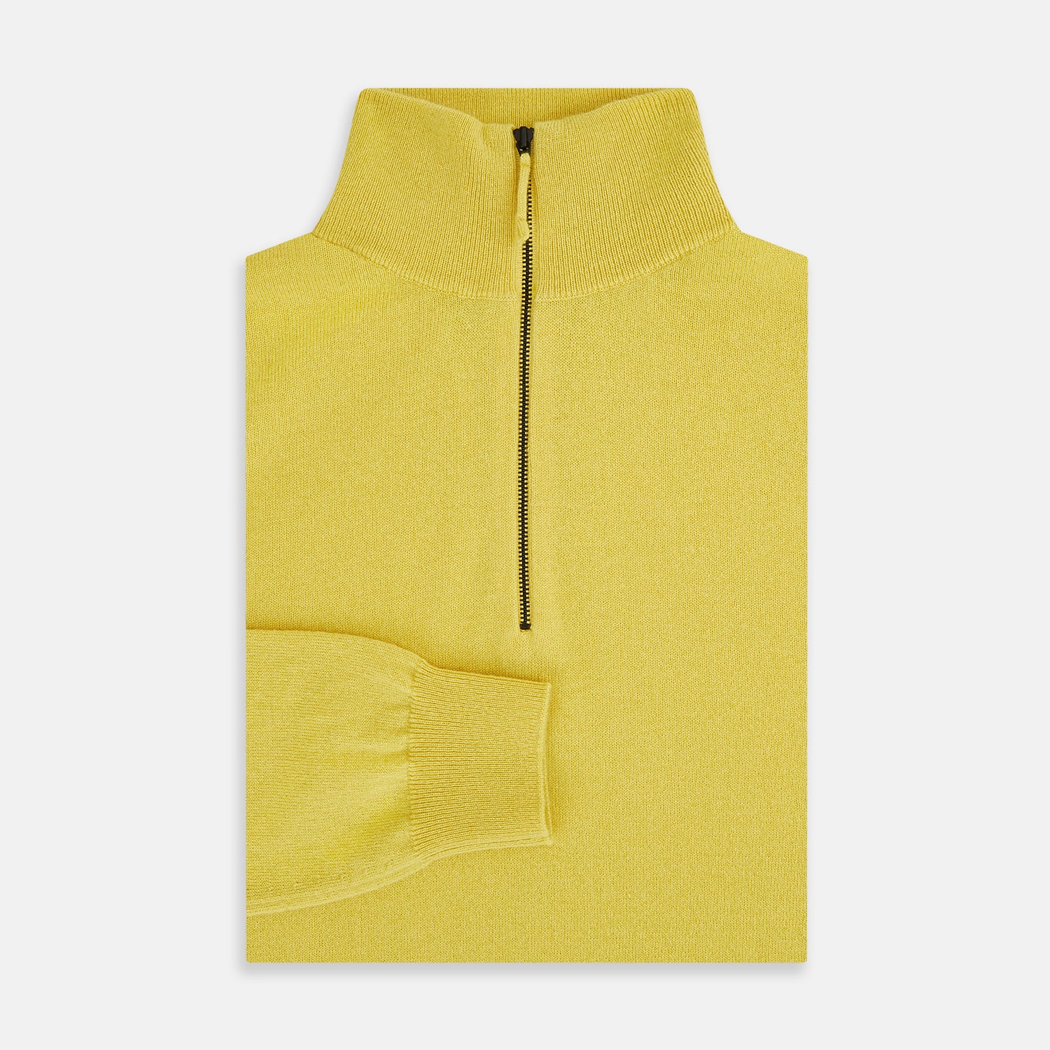 View 4 of product The Turnbull & Asser Canary Yellow Half-Zip Cashmere Jumper features a high collar and front half-zip closure, shown against a white background.