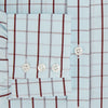 View 4 of product The Turnbull & Asser Burgundy Combination Check Mayfair Shirt is a long-sleeve button-up dress shirt with a check pattern, ideal for formal wear and shown on a plain white background.