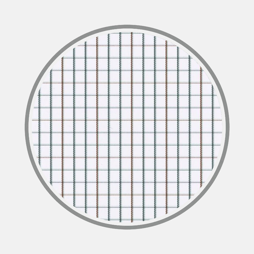 The Forest Green and Coffee Check Fabric by Turnbull & Asser features intersecting green and brown lines forming a grid on white, framed by a gray circular border.