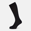 View 1 of product A single Midnight Mid-length Sock by Turnbull & Asser, made from mercerised Egyptian cotton, stands upright on a white background. This luxury black sock features a ribbed texture with smooth toe and heel areas.