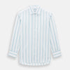 View 1 of product The Turnbull & Asser Turquoise Track Stripe Mayfair Shirt is crafted from Italian cotton with long sleeves, turquoise vertical stripes, a classic collar, and buttoned cuffs, displayed on a plain white background.