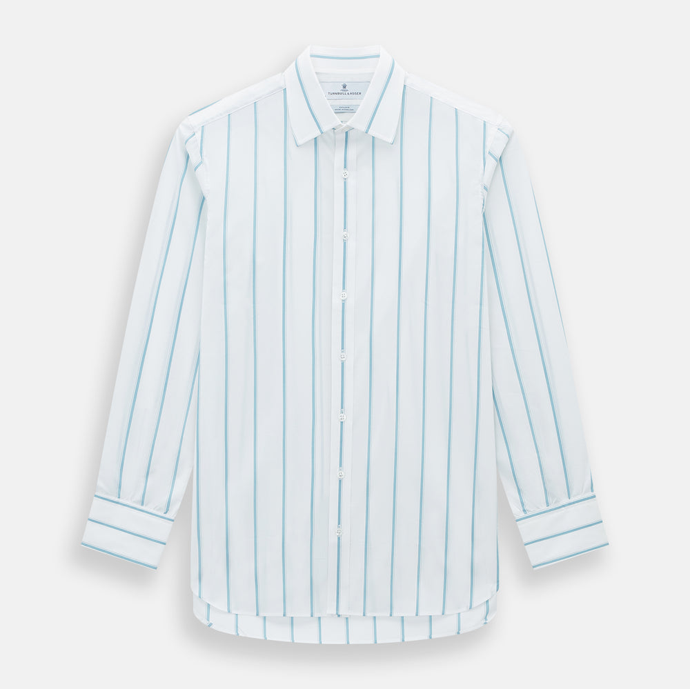The Turnbull & Asser Turquoise Track Stripe Mayfair Shirt is crafted from Italian cotton with long sleeves, turquoise vertical stripes, a classic collar, and buttoned cuffs, displayed on a plain white background.