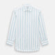 The Turnbull & Asser Turquoise Track Stripe Mayfair Shirt is crafted from Italian cotton with long sleeves, turquoise vertical stripes, a classic collar, and buttoned cuffs, displayed on a plain white background.