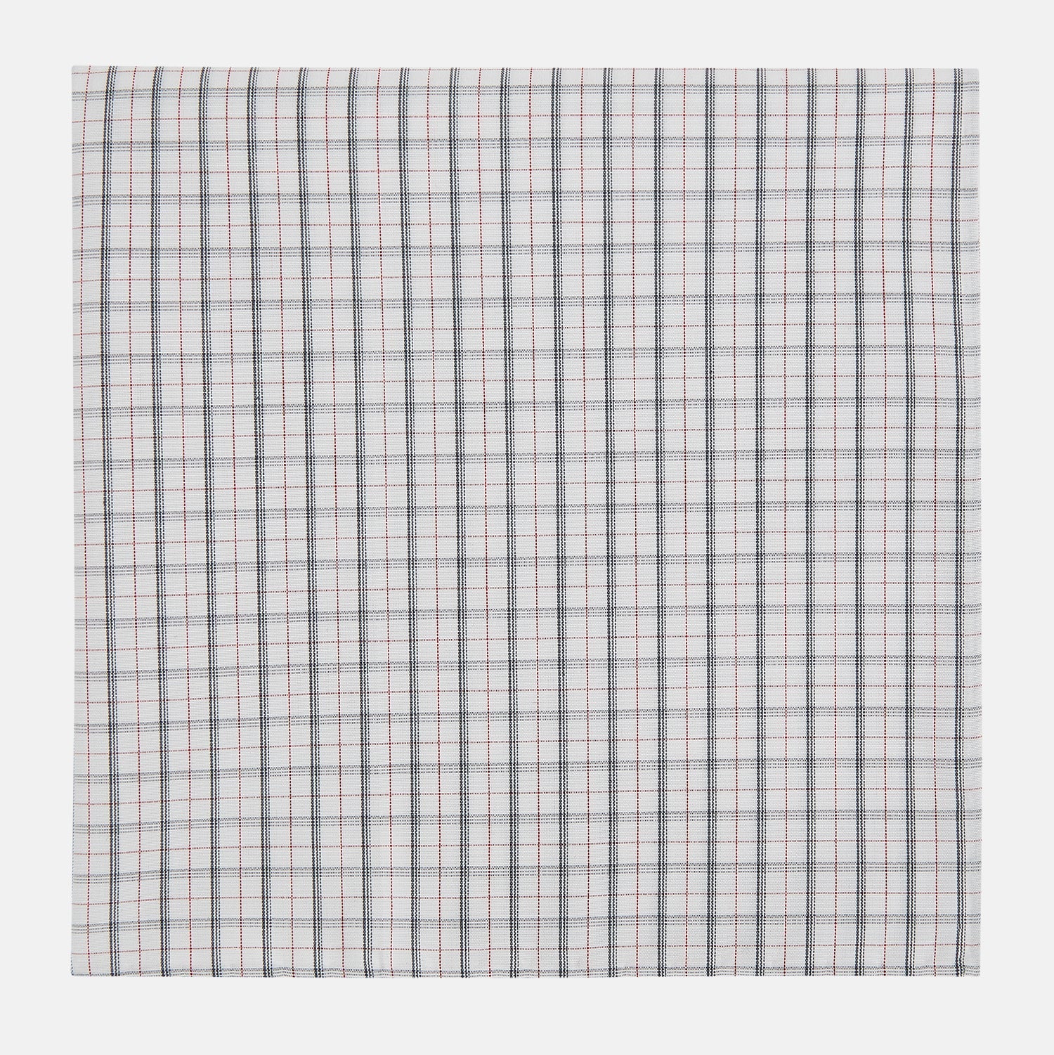 View 1 of product The Red Multi Graph Check Hand-Rolled Handkerchief by Turnbull & Asser features thin black, red, and blue lines forming small squares on white fabric, finished with delicate hand-rolled edges.