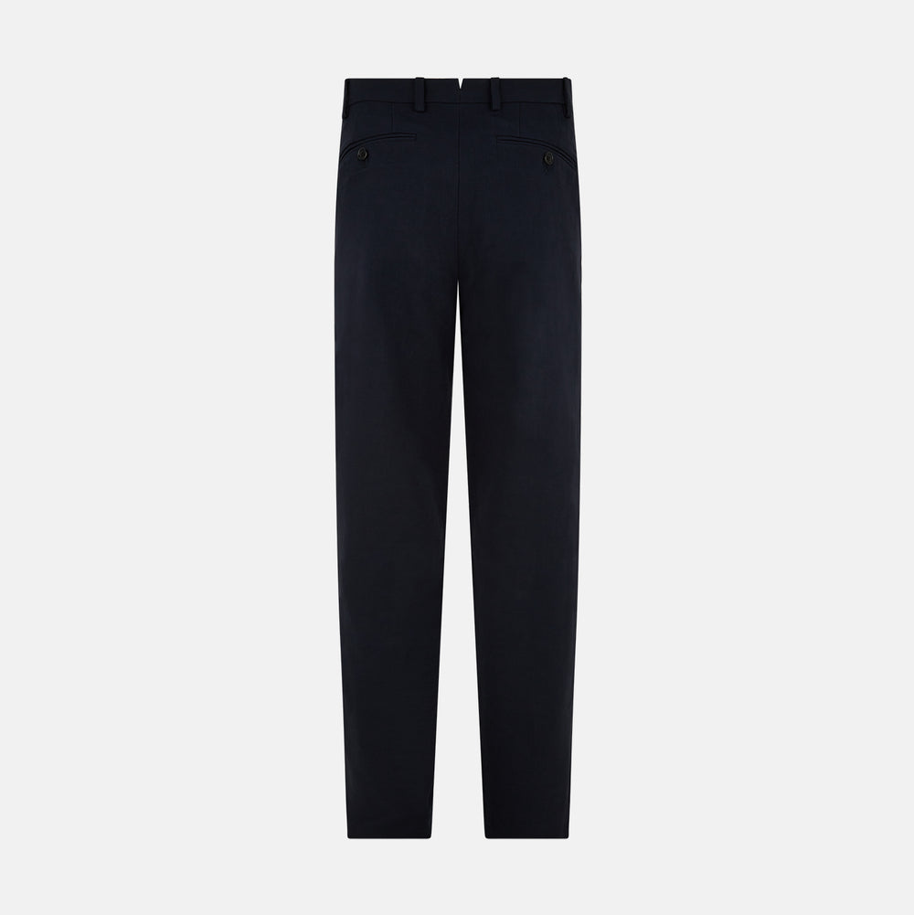 A pair of Navy Henry B Trousers by Turnbull & Asser, crafted from fine Italian cotton with belt loops, a flat front, and straight-leg design, displayed against a plain white background.