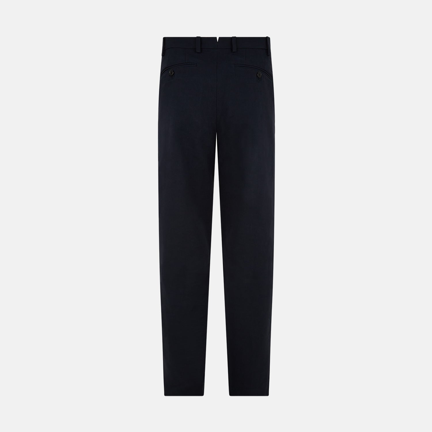View 3 of product A pair of Navy Henry B Trousers by Turnbull & Asser, crafted from fine Italian cotton with belt loops, a flat front, and straight-leg design, displayed against a plain white background.