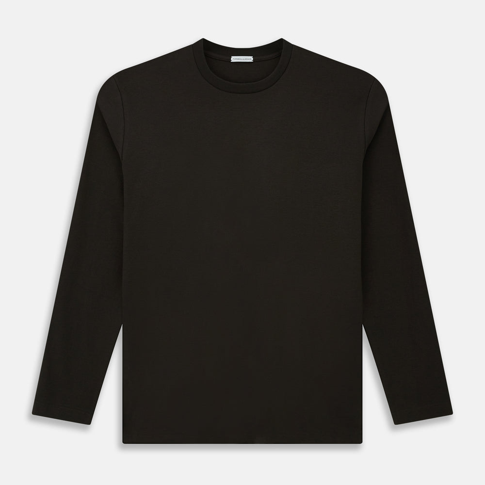 The Dark Chocolate Long-Sleeve T-shirt by Turnbull & Asser, featuring a plain crew neck design with no visible logos, is laid flat on a white background to showcase its quality and versatility.