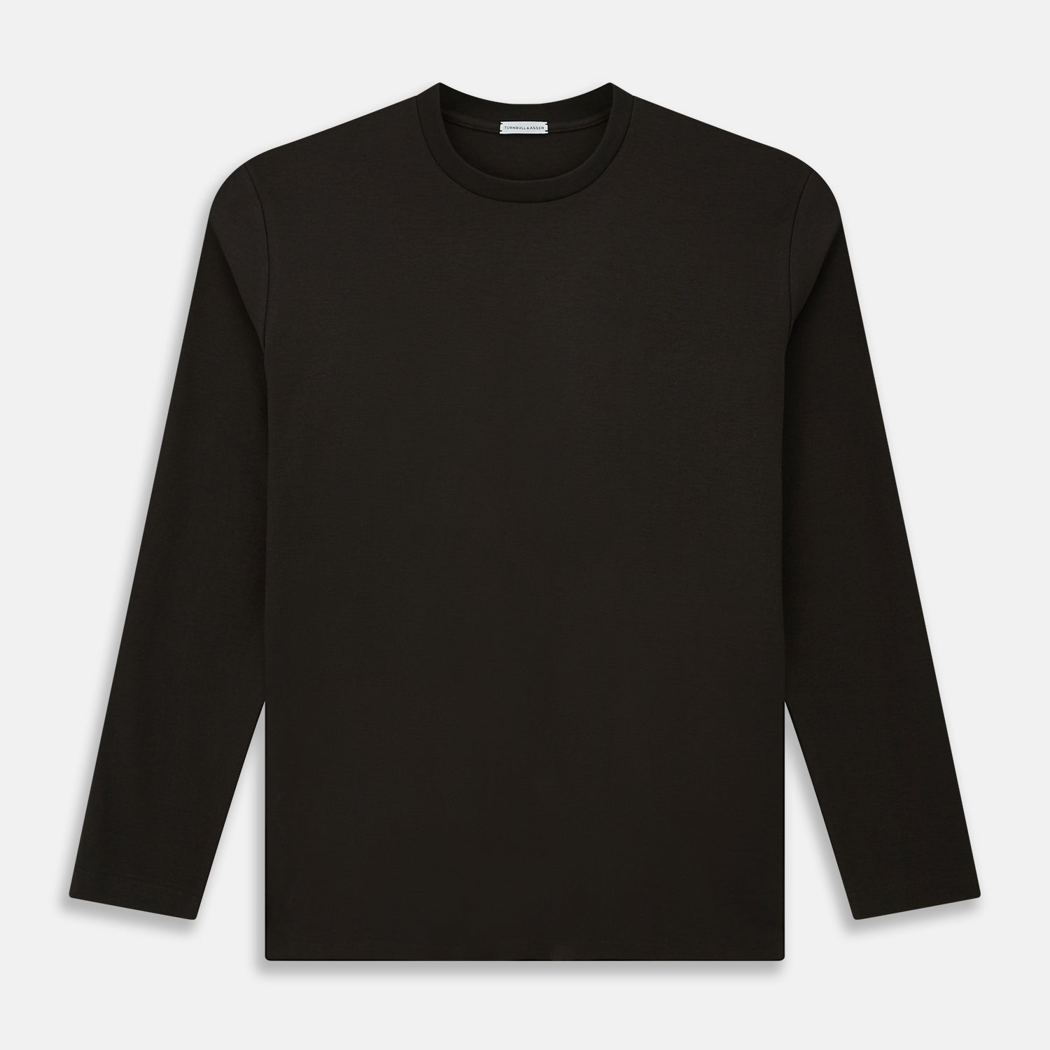 View 1 of product The Dark Chocolate Long-Sleeve T-shirt by Turnbull & Asser, featuring a plain crew neck design with no visible logos, is laid flat on a white background to showcase its quality and versatility.
