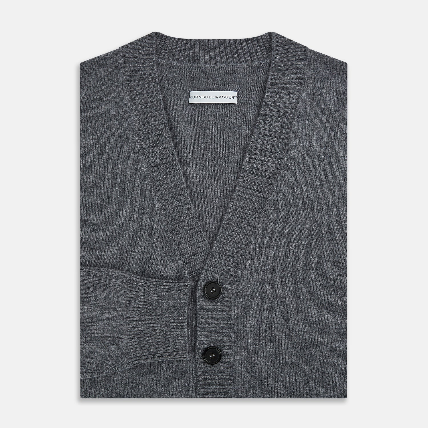 View 4 of product The Turnbull & Asser Grey Melange Cashmere Cardigan features a V-neck, ribbed cuffs and hem, front buttons, and two pockets—an elegant piece from our timeless knitwear collection. Shown here against a plain white background.
