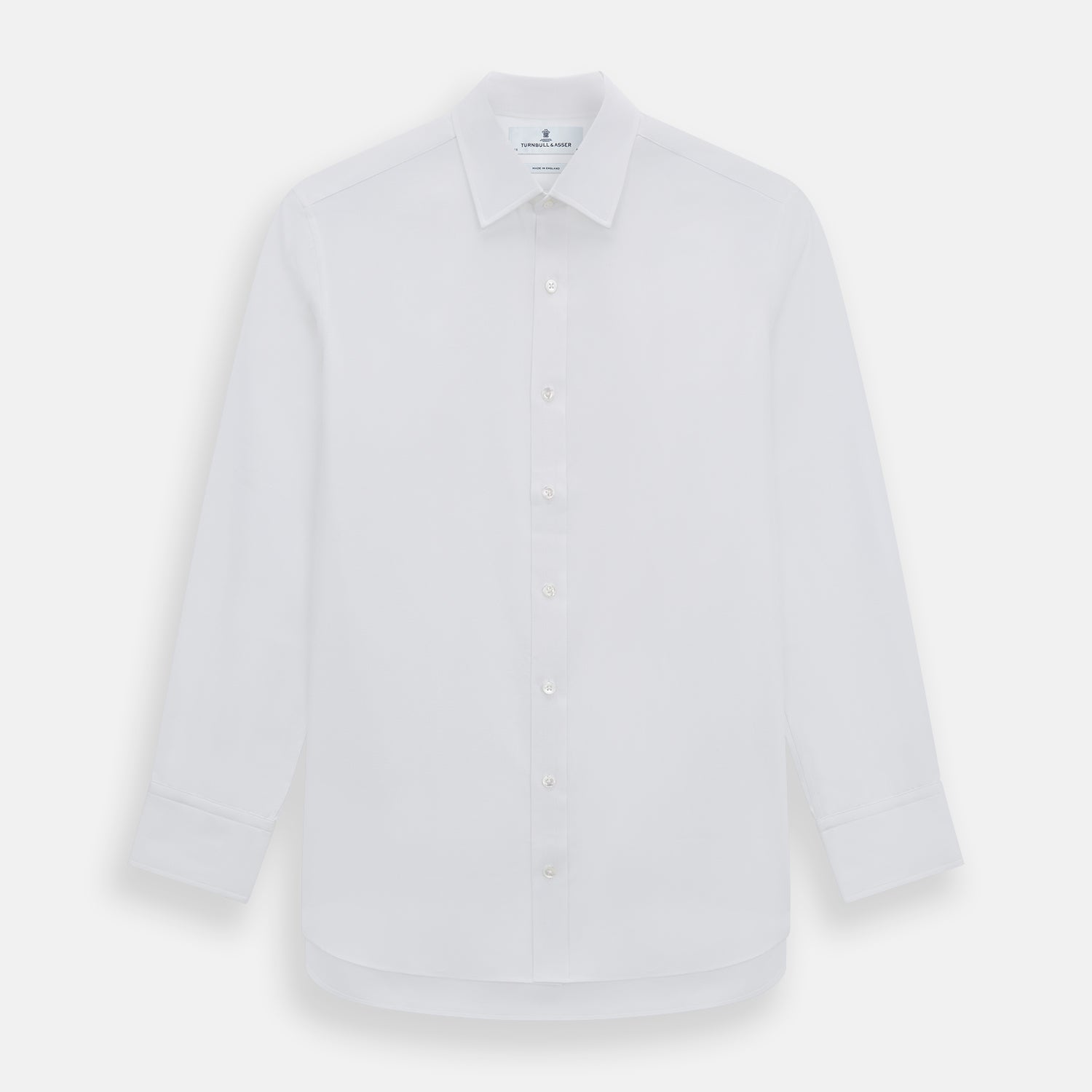 View 1 of product The Turnbull & Asser White Herringbone Mayfair Shirt features long sleeves and a classic collar—a timeless wardrobe essential, shown here against a white background.