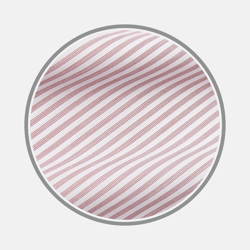 A circular view of Turnbull & Asser's Burgundy Stripe West Indian Sea Island Cotton Fabric, featuring alternating thick and thin red stripes on white, bordered by a thin gray frame.