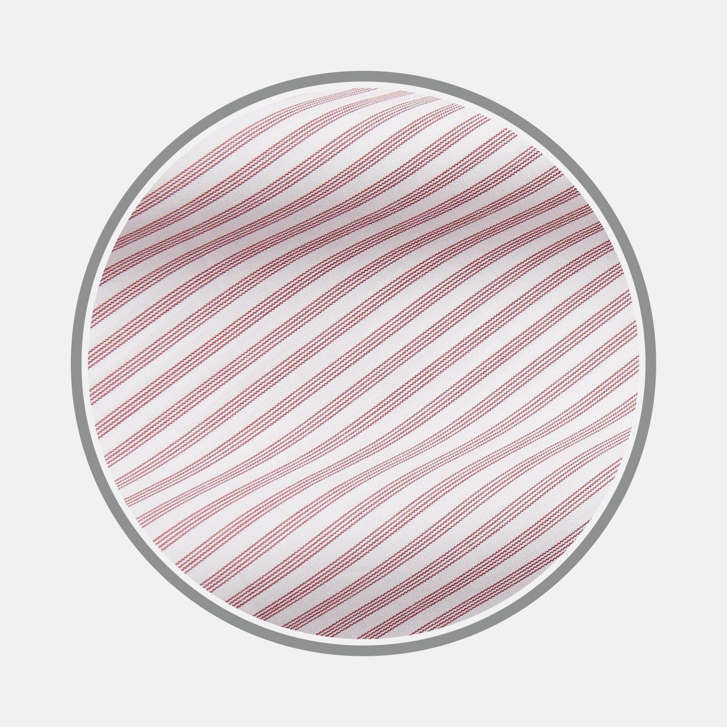 View 1 of product A circular view of Turnbull & Asser's Burgundy Stripe West Indian Sea Island Cotton Fabric, featuring alternating thick and thin red stripes on white, bordered by a thin gray frame.
