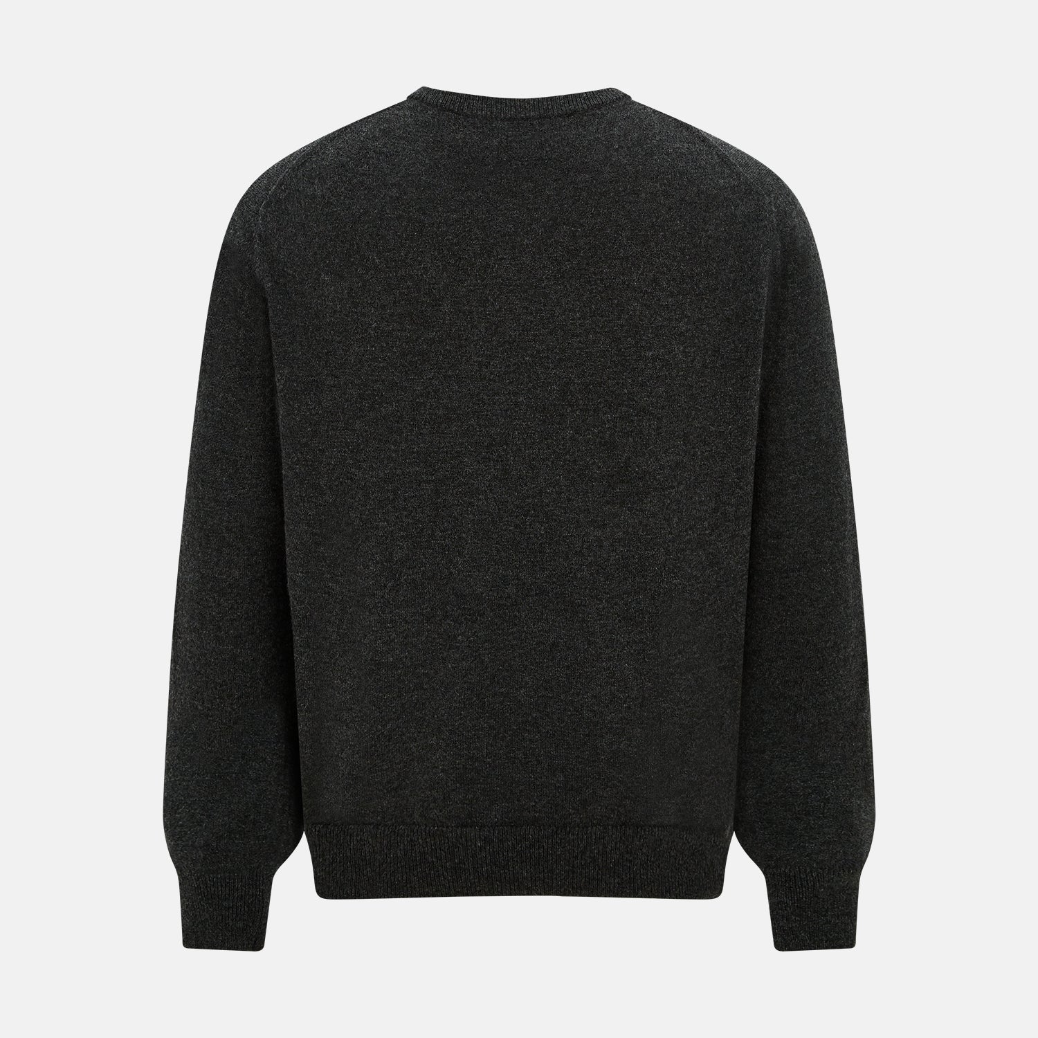 View 3 of product The Turnbull & Asser Dark Grey Cashmere Round Neck Jumper features a classic, plain long-sleeve design and is displayed on a white background.
