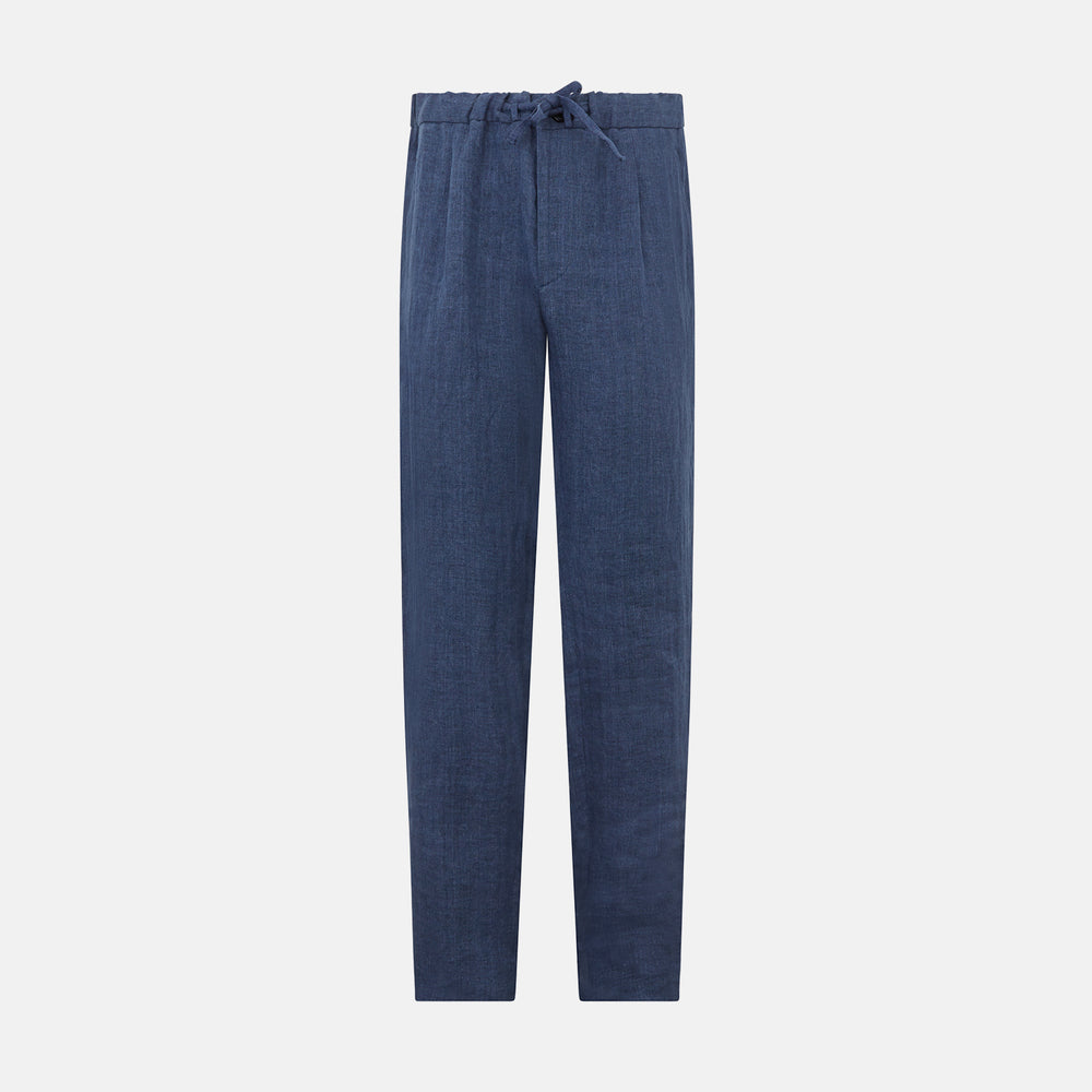 Turnbull & Asser Denim Blue Linen Herringbone Miles Trousers with a straight-leg fit, elasticated waist, and drawstring tie, shown against a plain white background.