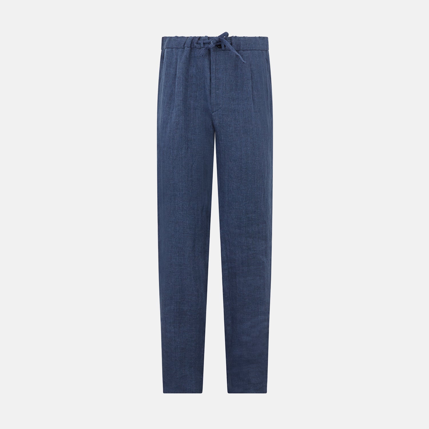 View 1 of product Turnbull & Asser Denim Blue Linen Herringbone Miles Trousers with a straight-leg fit, elasticated waist, and drawstring tie, shown against a plain white background.