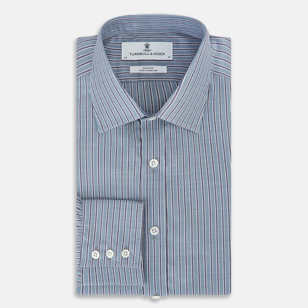 The Steel Grey Ticking Stripe Mayfair Shirt by Turnbull & Asser is a long-sleeved, button-up shirt with a collar, crafted from fine Italian cotton and featuring slim steel grey and white stripes with white buttons for a classic touch.