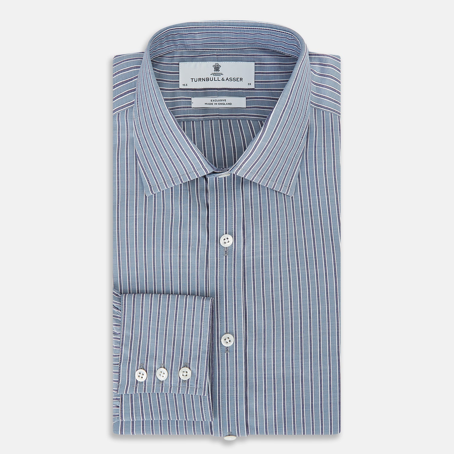 View 5 of product The Steel Grey Ticking Stripe Mayfair Shirt by Turnbull & Asser is a long-sleeved, button-up shirt with a collar, crafted from fine Italian cotton and featuring slim steel grey and white stripes with white buttons for a classic touch.