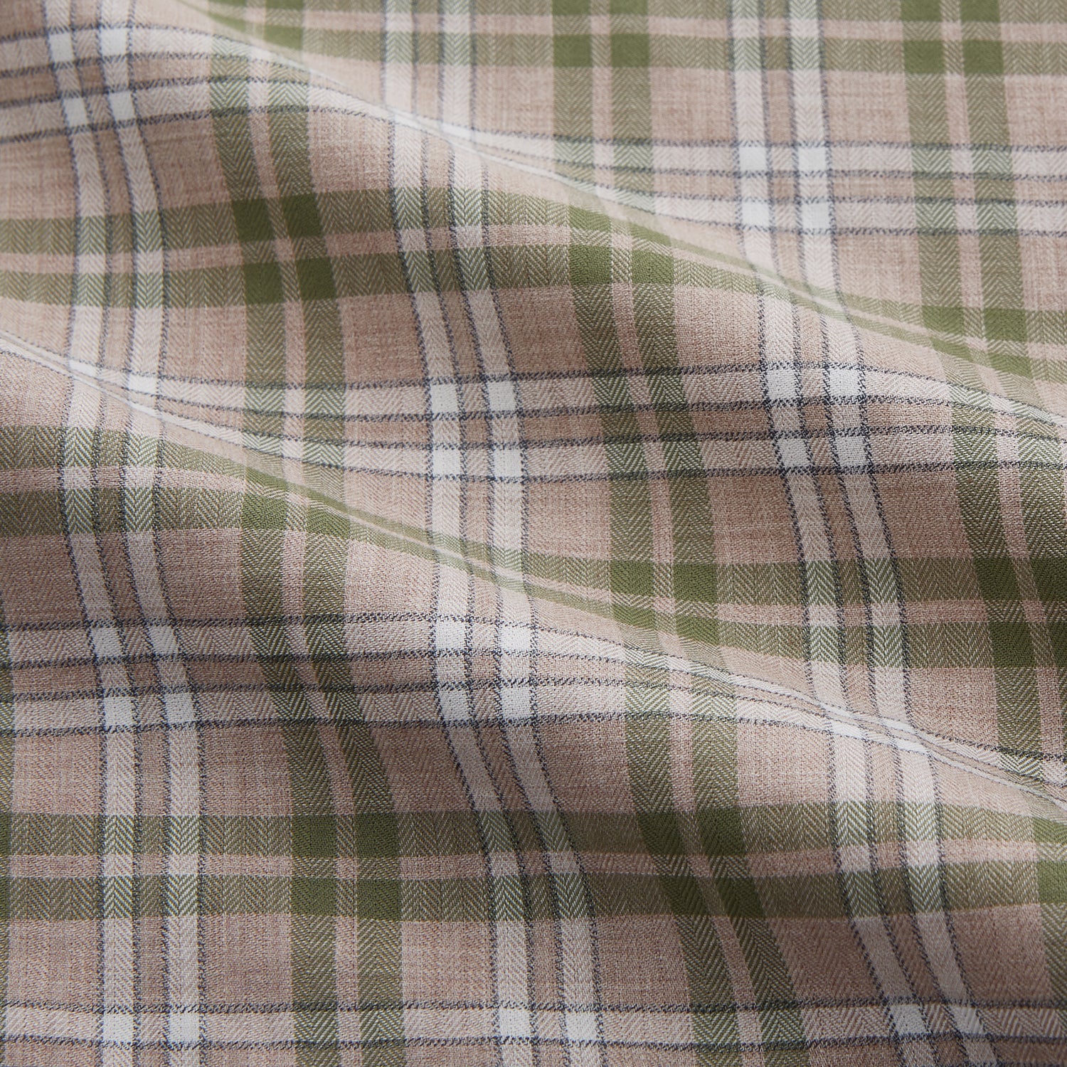 View 2 of product The Turnbull & Asser Green and Oatmeal Multi Check Cotton Weekend Fit Hayne Shirt features a button-down collar and green, beige, and white plaid pattern, shown flat against a white background.
