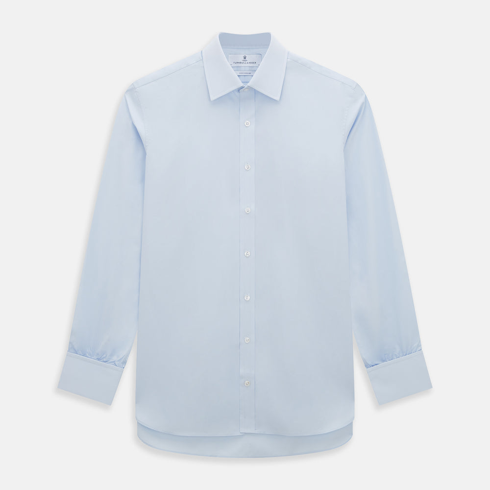The Light Blue Mayfair Shirt by Turnbull & Asser is a men's cotton dress shirt featuring a pointed collar and button-down front, shown flat on a white background.