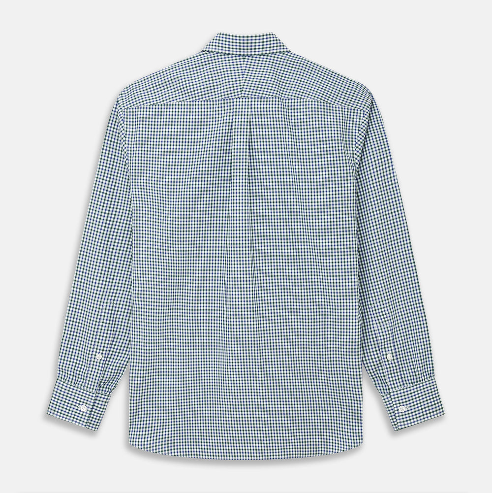 The Turnbull & Asser Green and Blue Cotton Multi Check Weekend Fit Finch Shirt features long sleeves, a pointed collar, and buttoned cuffs—perfect for versatile style. Laid flat on a white background.