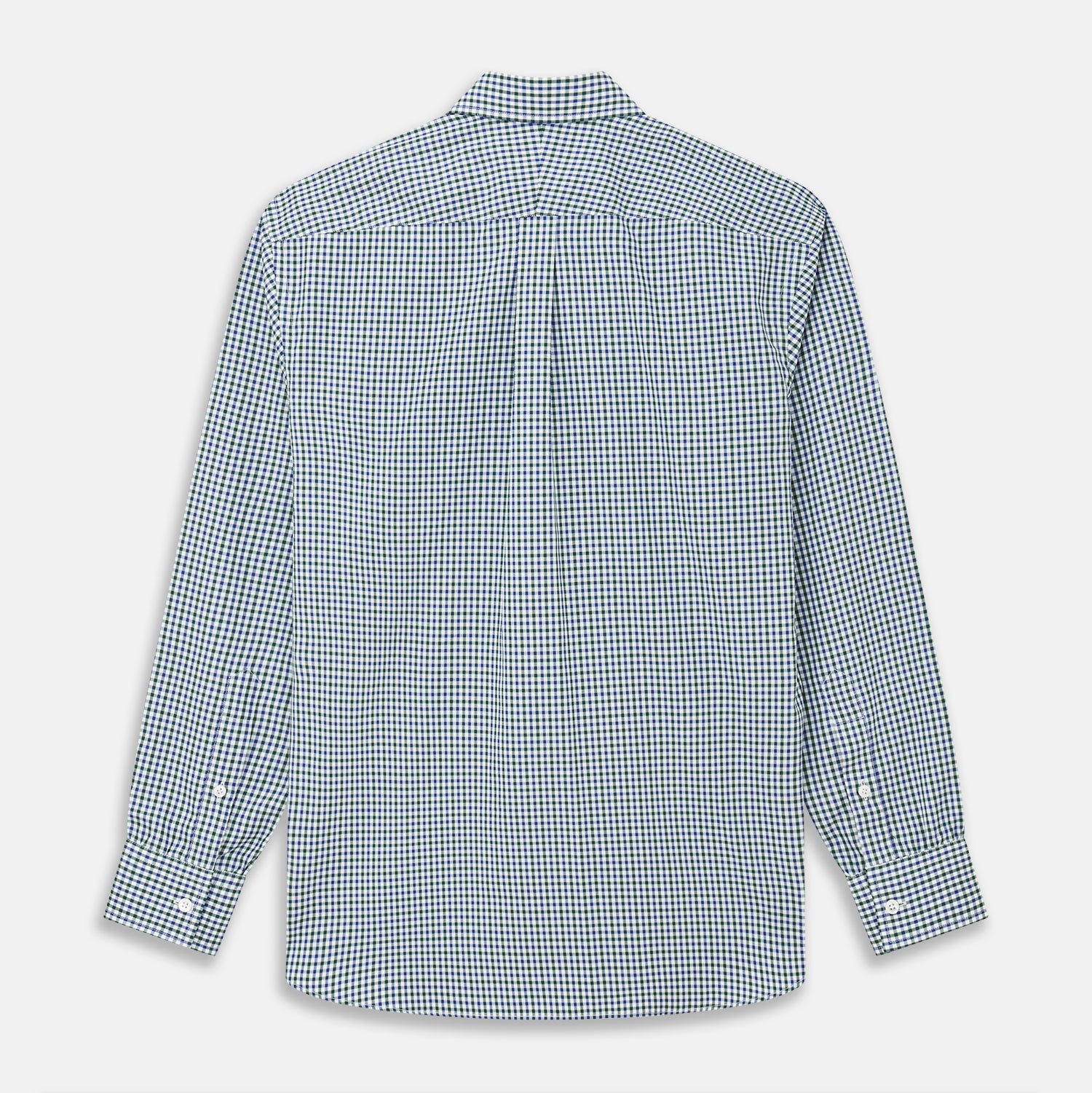 View 5 of product The Turnbull & Asser Green and Blue Cotton Multi Check Weekend Fit Finch Shirt features long sleeves, a pointed collar, and buttoned cuffs—perfect for versatile style. Laid flat on a white background.