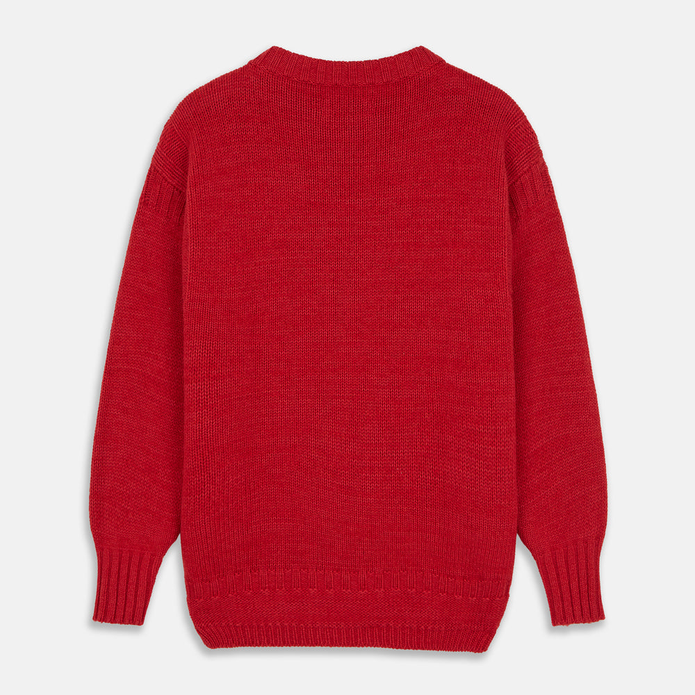 The Red Lewis Guernsey Knitted Jumper by Turnbull & Asser is a bright red wool-cotton, long-sleeve jumper with a round neckline, ribbed cuffs, and ribbed hem, shown against a white background.