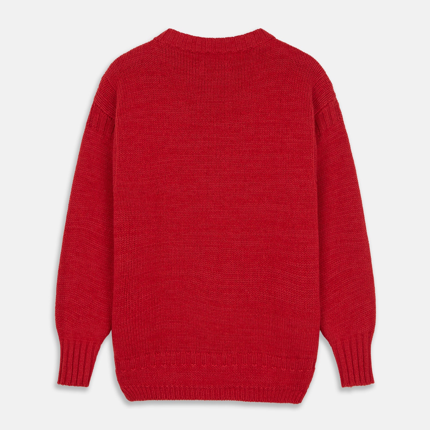 View 6 of product The Red Lewis Guernsey Knitted Jumper by Turnbull & Asser is a bright red wool-cotton, long-sleeve jumper with a round neckline, ribbed cuffs, and ribbed hem, shown against a white background.