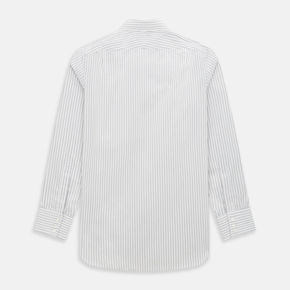 The Turnbull & Asser Midnight Blue and Red Ticking Stripe Mayfair Shirt features long sleeves, a pointed collar, buttoned cuffs, and fine Italian cotton—an essential men's wardrobe piece shown on a plain white background.