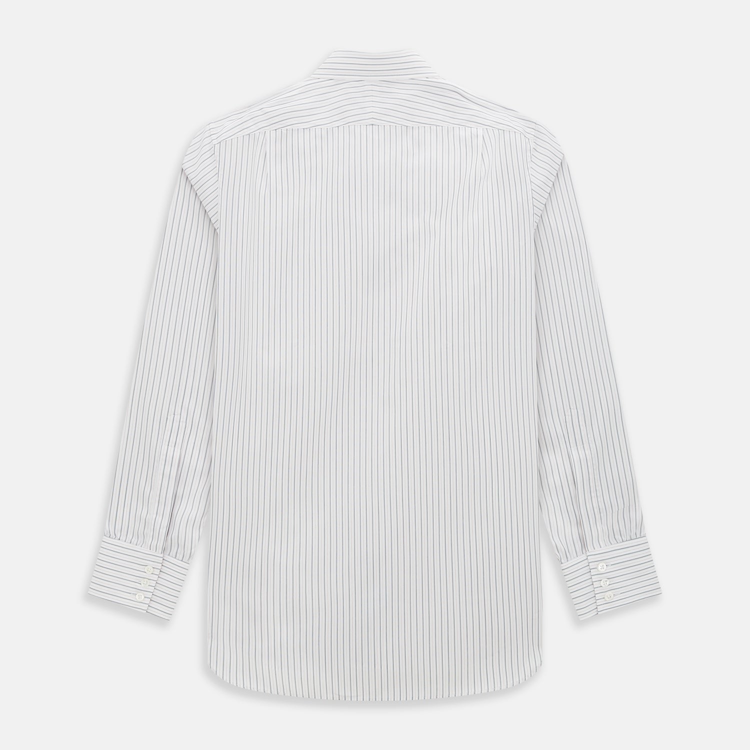View 3 of product The Turnbull & Asser Midnight Blue and Red Ticking Stripe Mayfair Shirt features long sleeves, a pointed collar, buttoned cuffs, and fine Italian cotton—an essential men's wardrobe piece shown on a plain white background.