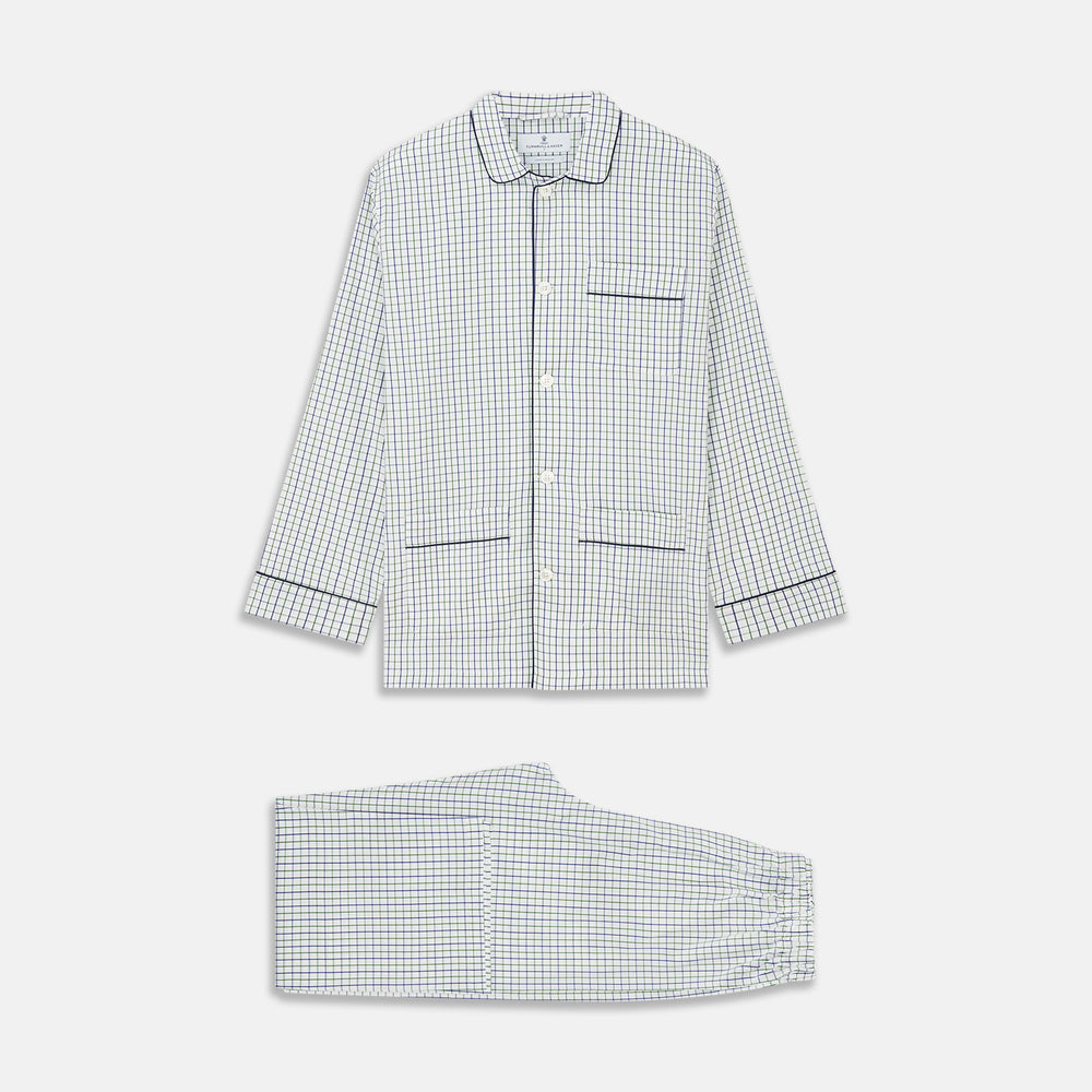 The Turnbull & Asser Green and Blue Check Cotton Hyde Pyjama Set for men features a long-sleeve, button-up top and pants with contrasting dark piping, shown laid flat on a white background.