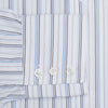 View 3 of product The Turnbull & Asser Blue Fine Multi Pinstripe Mayfair Shirt features long sleeves, an organic cotton build, a T&A collar, and vertical blue stripes. Laid neatly on a white background.