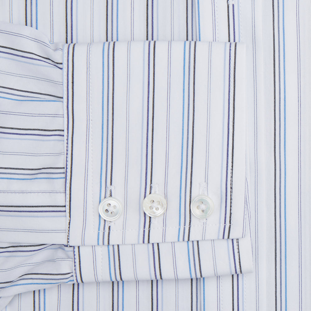 The Turnbull & Asser Blue Fine Multi Pinstripe Mayfair Shirt features long sleeves, an organic cotton build, a T&A collar, and vertical blue stripes. Laid neatly on a white background.