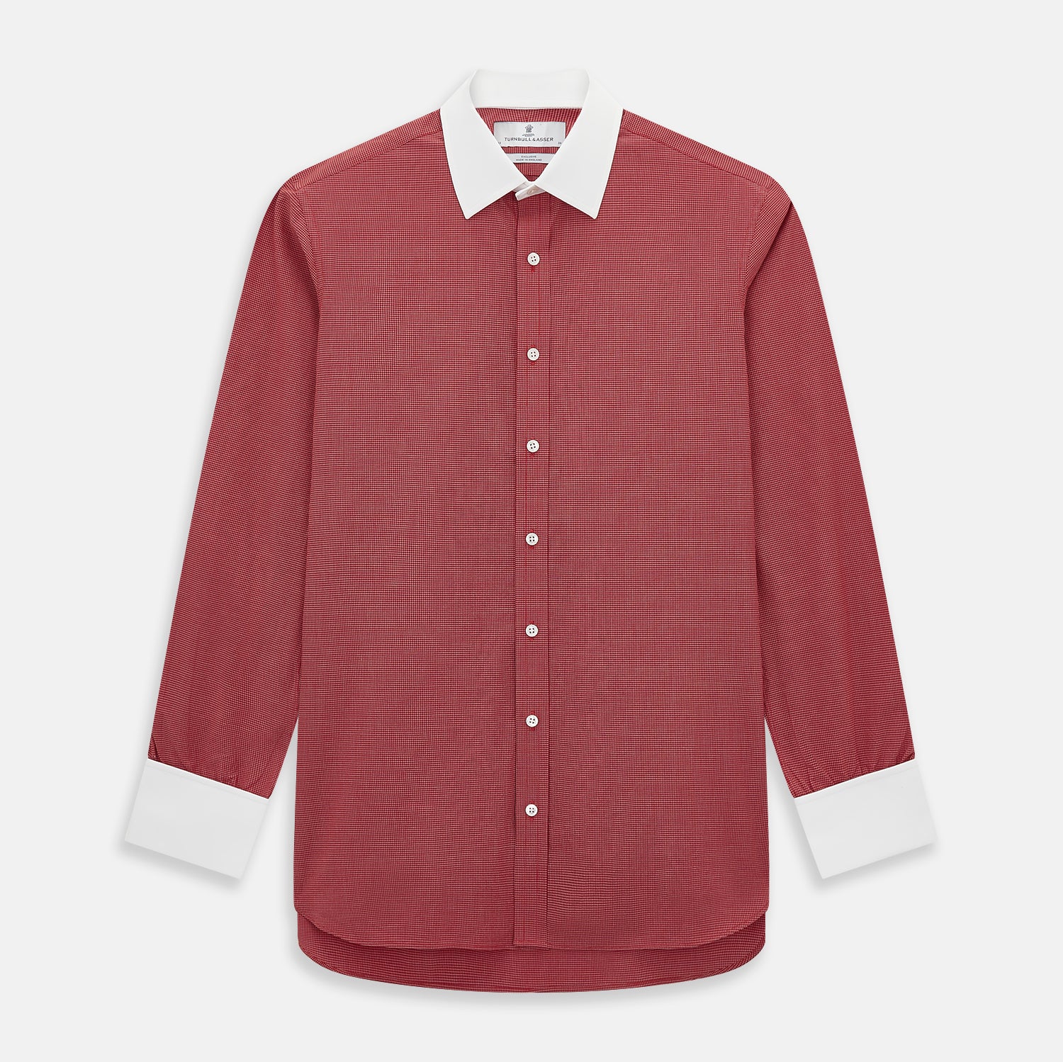 View 1 of product The Turnbull & Asser Dark Red Pin Check Shirt features a crisp white contrast collar and cuffs, with long sleeves and button-up design, shown against a white background.
