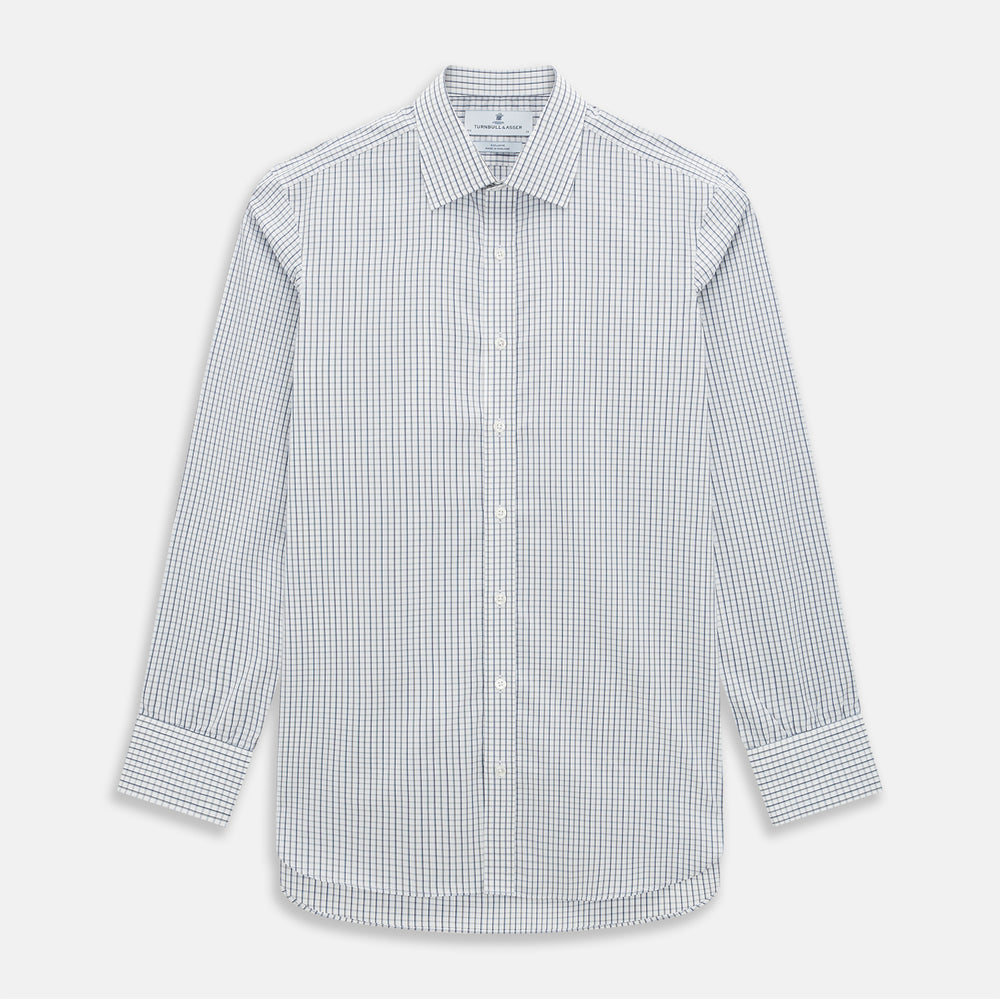 The Turnbull & Asser Blue and Coffee Tattersall Check Mayfair Shirt is a long-sleeved, button-up style made from Italian cotton, featuring a collar and buttoned cuffs, shown laid flat against a white background.