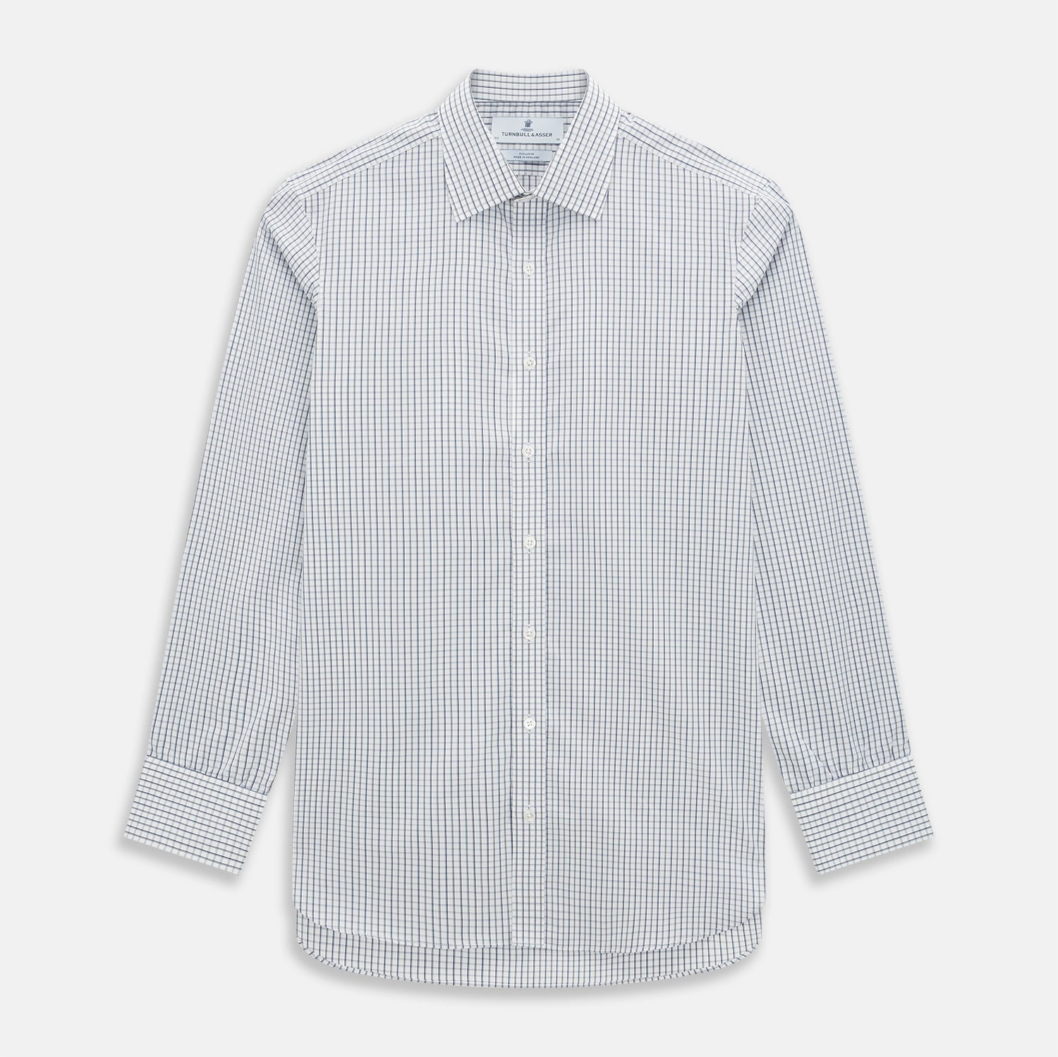 View 1 of product The Turnbull & Asser Blue and Coffee Tattersall Check Mayfair Shirt is a long-sleeved, button-up style made from Italian cotton, featuring a collar and buttoned cuffs, shown laid flat against a white background.
