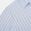 View 6 of product The Turnbull & Asser Blue and Burgundy Multi-Stripe Westminster Shirt features a pointed collar and long sleeves, laid flat on a white background to highlight its fine British craftsmanship.