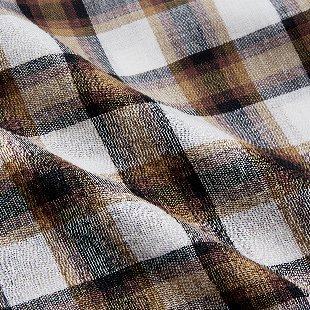 The Turnbull & Asser Brown Multi Check Linen Weekend Fit Hayne Shirt is a long-sleeve, button-up with a Dorset collar and buttoned cuffs, shown flat on a white background. It features a classic plaid pattern.