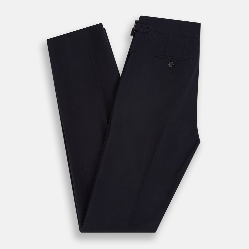 A pair of Midnight Blue Wool Henry Trousers by Turnbull & Asser, with a button closure and straight legs, shown against a plain white background.